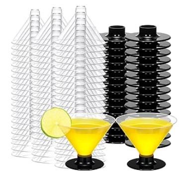 Photo 1 of Boao 48 Pack Champagne Glasses 4 oz Plastic Martini Glasses Unbreakable Disposable Cocktail Cups Stackable Margarita Cups for Wedding Bar Birthday Party Wine Food Dessert(Clear and Black,Vivid)