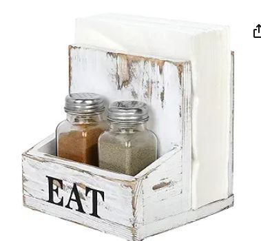 Photo 1 of MyGift Napkin Holder for Table, Wood Napkin Holder with Salt and Pepper Shakers Set, Condiment Caddy with Bold Black Printed EAT Design, Standing Paper Napkin Storage for Kitchen Dining Table Decor