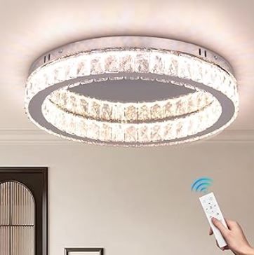 Photo 1 of Fintonglan 17.7" Dimmable Crystal LED Ceiling Light Fixture Modern Round Chandelier Low Profile Ceiling Lamp with Remote Control for Living Room, Dining Room, Kitchen 48W