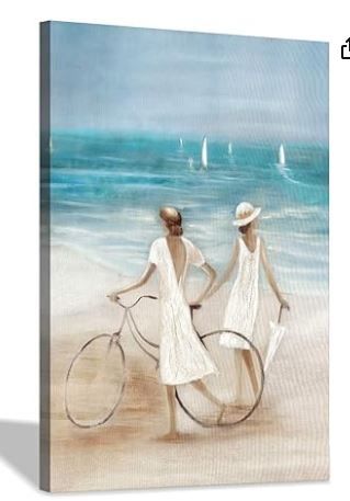 Photo 1 of Hardy Gallery Abstract Beach Lady Painting Picture: Coastal Artwork Women & Bicycle Hand Painted Textured Wall Art for Bed Room (36” x 24” x1 Panel)