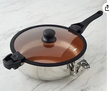 Photo 1 of Elephant Pan Sauce Pan with Pour Spout for Pouring Draining Straining – Copper Coated Stainless Steel - Easily Get Grease & Hot Water Out – Nonstick Deep Saucepan - Dishwasher & Oven Safe (5 Quart)
