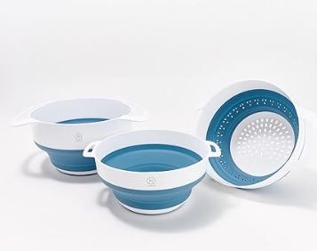 Photo 1 of Set of 3 Nestable Colander and Bowls – Collapsible, Space-Saving, BPA-Free (Blue)
