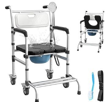 Photo 1 of 4 in 1 Rolling Bedside Commode Chair with Wheels for Elderly, Shower Chair with Handles, Adjustable Height Raised Toilet Seat for Seniors,Disabled and Pregnant Holds Up to 350 lbs (Black)