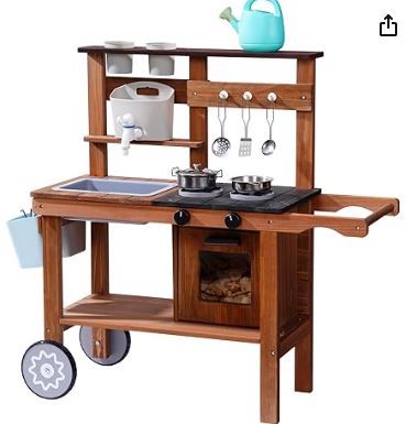 Photo 1 of ROBOTIME Mud Kitchen for Kids Outdoor with Wheels, Fun Wooden Kid Kitchen Playset for Backyard Pretend Cooking, Outdoor Sink & Storage, Role Play Toy for Boys and Girls Ages 3+