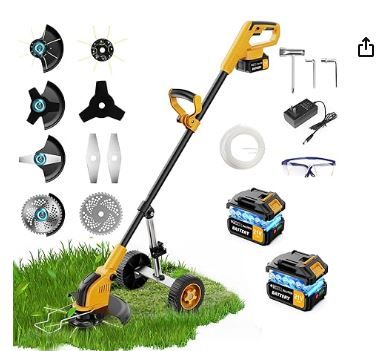 Photo 1 of 12-inch Electric Weed Wacker Cordless on Wheels, 21V 2 * 3000mAh Weed Eater Battery Powered,Cordless String Trimmer with Brushless Motor,Grass Trimmer and Brush Cutter with 4 Types of Blades for Lawn
