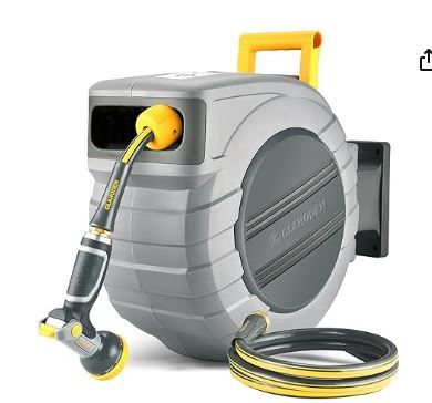 Photo 1 of Retractable Garden Hose Reel 5/8 in x 100 ft Upgraded UV Resistant Heavy Duty Automatic Hose Reel Wall Mount 3/4 in Brass Fitting 9 Pattern Nozzle Any Length Lock Slow Retraction 180° Swivel
