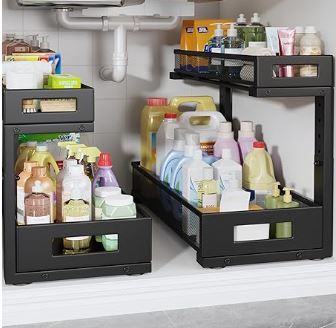 Photo 1 of 2 Pack 19IN Depth Under Sink Storage Organizer, Large 2-Tier Elegant Mesh Pull Out Shelf for Kitchen and Bathroom Cabinet Organization, L-Shaped and Adjustable Height Design-Black
