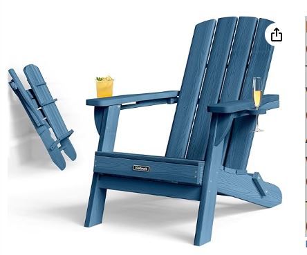Photo 1 of Folding Adirondack Chair with Wood Texture, HDPE All-Weather Fire Pit Chairs, Plastic Adirondack Chairs with 2 Cup Holder, Outdoor Lawn Chair for Patio Garden (Navy Blue)
