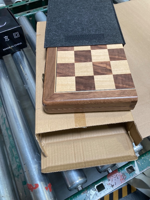 Photo 1 of Premium Natural Walnut 15" Magnetic Wooden Folding Chess & Checkers Set- 2 in 1 Board Game with 3" King Staunton Pieces and 2 Extra Queens, Checkers, and Dust-Proof Storage Bag (Red)