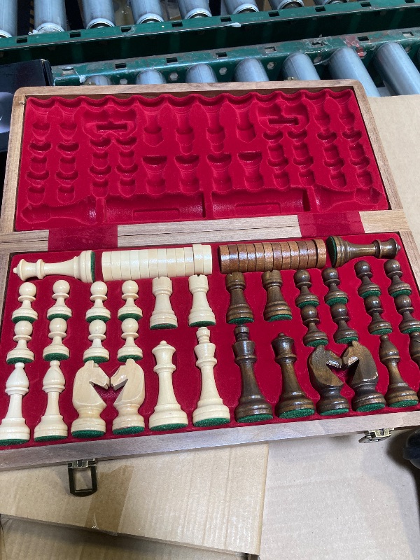 Photo 1 of Premium Natural Walnut 15" Magnetic Wooden Folding Chess & Checkers Set- 2 in 1 Board Game with 3" King Staunton Pieces and 2 Extra Queens, Checkers, and Dust-Proof Storage Bag (Red)