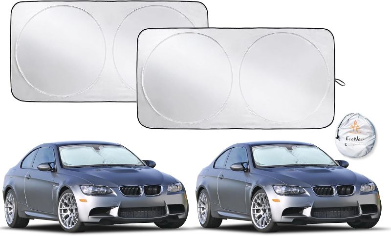 Photo 1 of EcoNour Car Windshield Sun Shade (2 Pack), Reflector Sunshade car Window Shades, Car Reflective Sun Blocker Fits Small Sedans, Mini SUVs, & Hatchbacks, Medium (64 in x32 in)