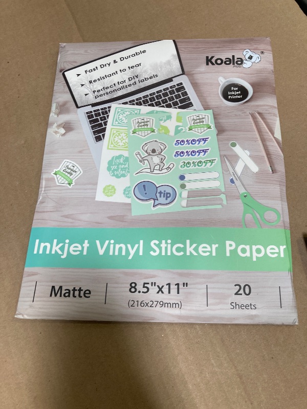 Photo 1 of Koala Printable Vinyl Sticker Paper for Inkjet Printer - 20 Sheets Matte White Vinyl Sticker Paper, Waterproof Sticker Paper 8.5x11 Inch, Work with Cutting Machine