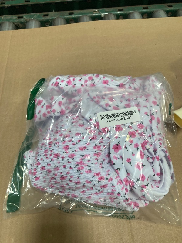 Photo 1 of MOMOOD Maternity Swimsuit Spaghettis Straps Ruffle Hem Maternity Bikini Smocked Bandeau Top with High Waisted Maternity Bathing Suit White with Pink Printed Flowers XXL