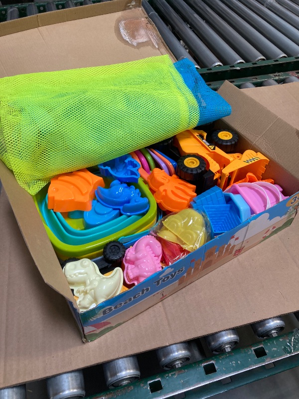 Photo 1 of FHOZGECY Beach Toys, 35Pcs Sand Toys with 3 Construction Vehicles, 3 Collapsible Beach Bucket, Sand Castle Building Kit, Sand Molds, Shovel Set, Mesh Bag, Travel Toys for Toddlers Kids Boys Girls