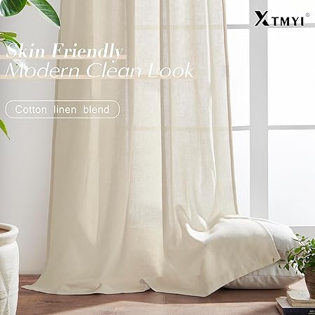 Photo 1 of XTMYI  Light Beige Linen Sheer Curtains 108 Inches Long Back Hidden Tab Tape Hooks Privacy Not See Through Simple Modern Curtains for Living Room 