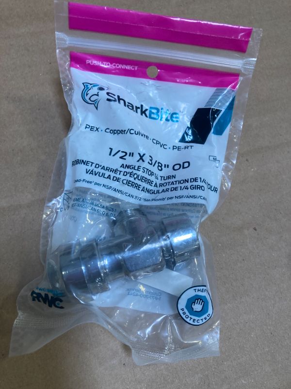 Photo 1 of SharkBite 23036-0000LF Brass Push Angle Stop, 1/2 in. x 3/8 in. Compression, Chrome