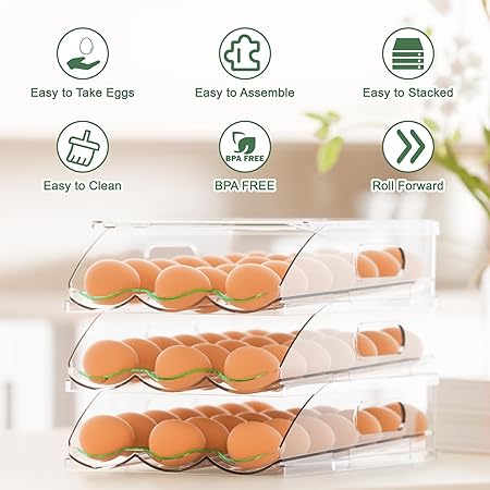 Photo 1 of Egg Holder for Fridge Rolling Egg Container 54 Large Capacity Egg Holder Egg Storage Container Organizer with Lid for Refrigerator and Kitchen (3 Layer)