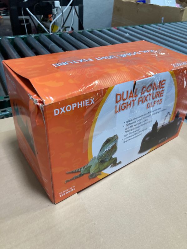 Photo 1 of DXOPHIEX 15 inch Dual Reptile Light Fixture, Max 150W Dual Reptile Heat Lamp Fixture with 100W UVA UVB Sun Light & Ceramic Heat Emitter,Double Dome Lamp for Terrarium and Tortoise Habitat