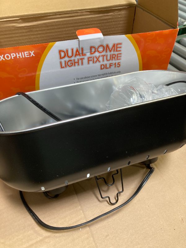 Photo 1 of DXOPHIEX 15 inch Dual Reptile Light Fixture, Max 150W Dual Reptile Heat Lamp Fixture with 100W UVA UVB Sun Light & Ceramic Heat Emitter,Double Dome Lamp for Terrarium and Tortoise Habitat