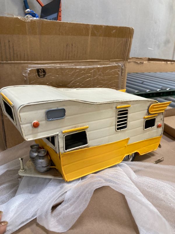 Photo 1 of TRABEATOGA Vintage RV Camper Model Beach Wagon White and Yellow Touring Car Model Station Wagon Home Decor Gift for Children and Adults