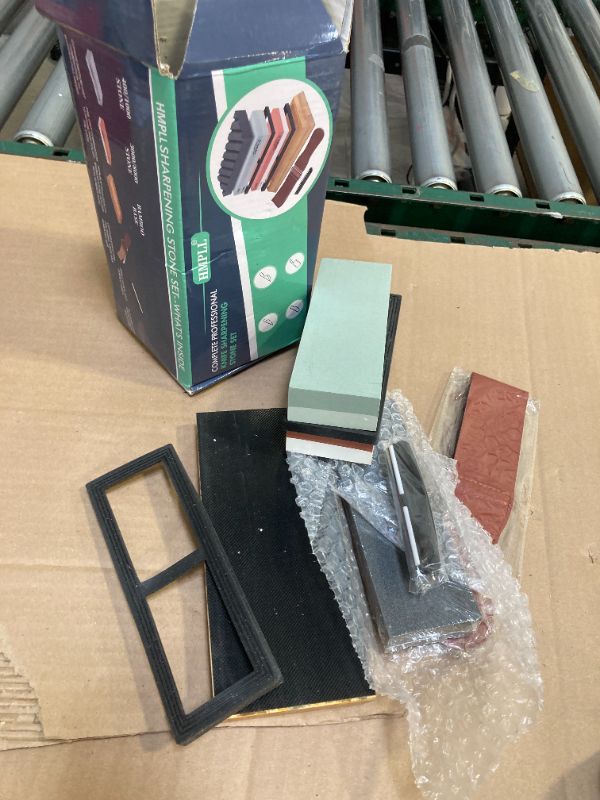 Photo 1 of HMPLL Knife Sharpening Stone Set, Professional Whetstone 4 Side Grit 400/1000 3000/8000, Whetstone Knife Sharpener Stone Set Include Non-slip Base, Leather Strop, Flattening Stone & Angle Guide