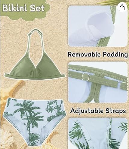 Photo 1 of SHEKINI Girls 3 Piece Printed Swimsuit High Waist Bikini Set with Cover Up Pants (Olive Green, 10 Years)