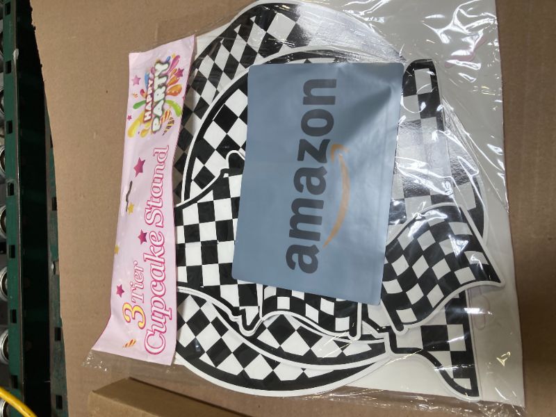 Photo 1 of 3-Tier Round Cardboard Cupcake Stand, Racing Car Theme Cardboard Cupcake Holder, Car Theme Dessert Display Stand Tower, Black and White Checkered Car Party Decorations Supplies