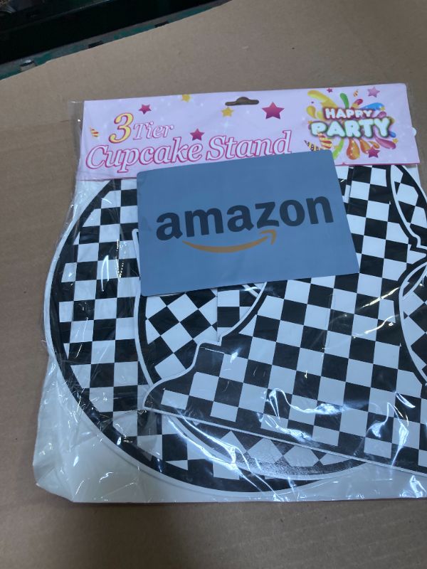Photo 1 of 3-Tier Round Cardboard Cupcake Stand, Racing Car Theme Cardboard Cupcake Holder, Car Theme Dessert Display Stand Tower, Black and White Checkered Car Party Decorations Supplies