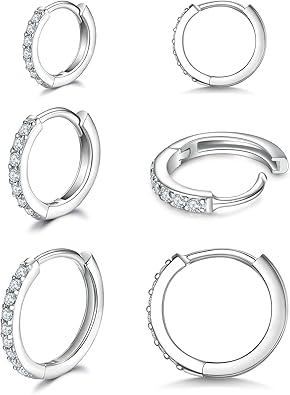 Photo 1 of 925 Sterling Silver Small Hoop Earrings Cubic Zirconia Huggie Hoop Earrings, 3 Pairs 14K White Gold Plated Cartilage Piercing Earrings Ear Cuff Tiny Hoop Earrings for Women Men