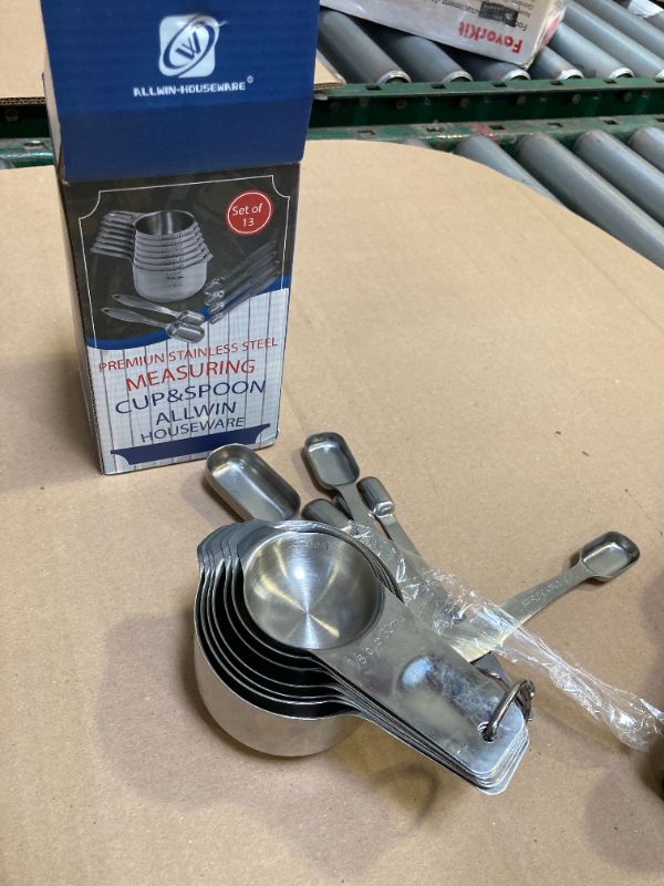 Photo 1 of 13-piece Measuring Cups and Spoons Set, 18/8 Stainless Steel Heavy Duty Ergonomic Handle with Ring Connector, Silver