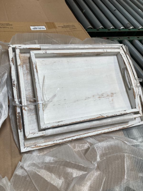 Photo 1 of Wood Serving Trays Set of 3 - Ottoman Wood Trays for Entertainment, Food and Decor - Rustic Farmhouse Distressed Wood Finish - Solid White