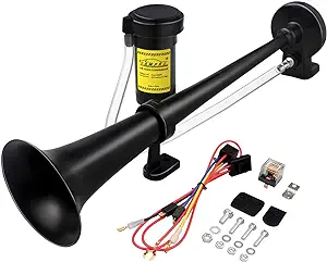 Photo 1 of 12V 150DB Car Air Horns, 18 Inches Chrome Zinc Single Trumpet Truck Air Horn with Compressor for Any 12V Vehicles Trucks Lorrys Trains Boats Cars (BLACK)