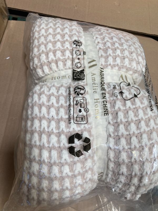 Photo 1 of Amélie Home Chenille Waffle Throw Blanket for Couch, Reversible Pineapple Stitch Knit Soft Cozy Knit Blanket Lightweight Warm Decorative Throw for Sofa, Bed, Living Room, 50"x60", Beige&Ivory