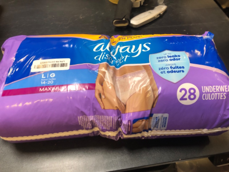 Photo 1 of Always Discreet Adult Incontinence Underwear, Maximum Absorbency, Large, 28 Count (Packaging May Vary) DAMAGED PKG
