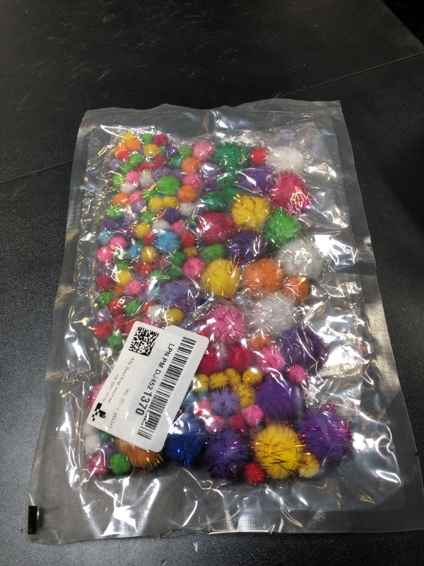 Photo 1 of 200 PCS Assorted Size Small Sparkle Balls, Tinsel Pom Poms Glitter Sparkle Balls Cat Fuzzy Toys Balls, Soft and Fluffy Craft Pompoms for DIY Creative Crafts Decorations, Multicolored
