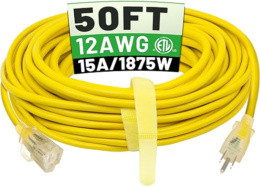 Photo 1 of 50 ft 12/3 Outdoor Extension Cord Waterproof Heavy Duty with Lighted Indicator End 12 Gauge 3 Prong, Flexible Cold-Resistant Long Power Cord Outside, 15Amp 1875W SJTW Yellow ETL Listed