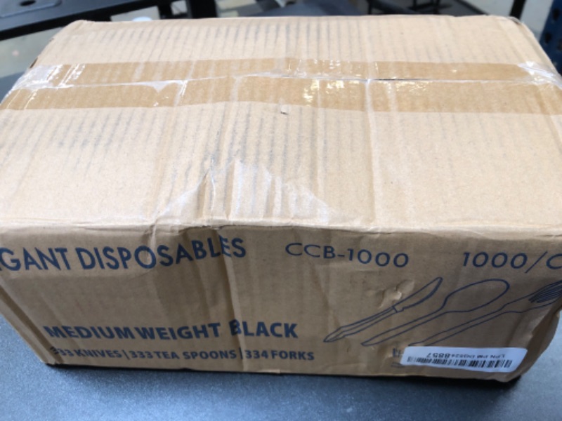 Photo 1 of 1,000 Plastic Disposable Cutlery Bulk Variety Pack Black Medium Weight Includes 334 forks, 333 knives, 333 soup spoons, Disposable Silverware Plastic Cutlery