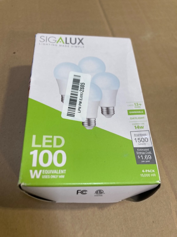 Photo 1 of Sigalux Light Bulbs 100 Watt Equivalent,A19 Daylight Standard LED Bulbs Dimmable 5000K White,14W Energy Efficient E26 Medium Base,1500LM,ETL Listed,4 Pack