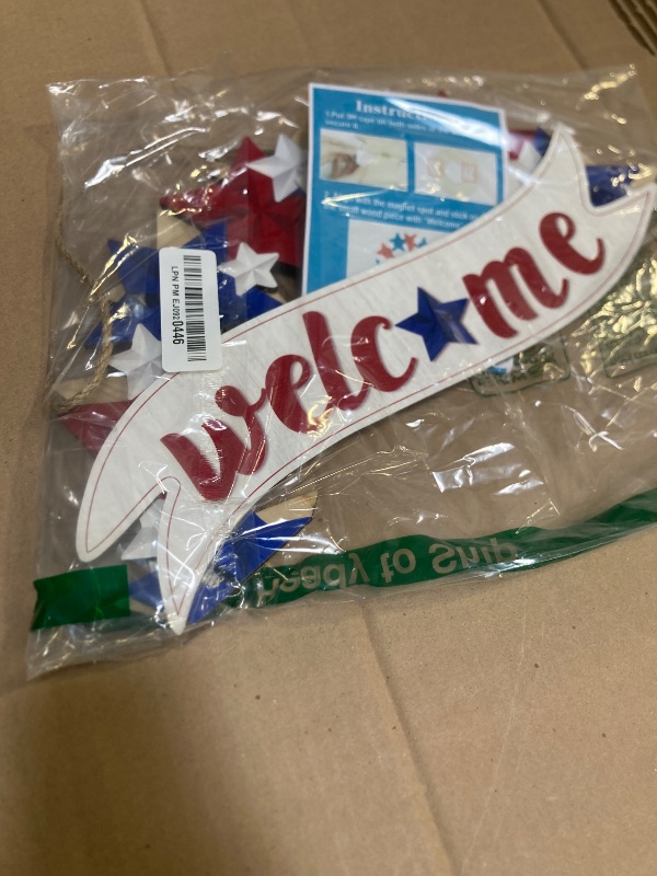 Photo 1 of 4th/Fourth of July Decorations Welcome Wreath for Front Door - Wooden Red White and Blue Star Sign, Patriotic Memorial Day Porch Home Wall Outside Decor