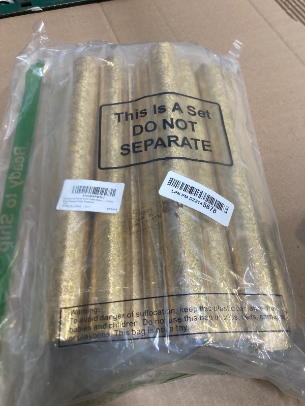 Photo 1 of Chumia 12 Pieces Gold Table Runner 12 x 85 Inch Sequin Glitter Table Runner Roll Metallic Thin Mesh Fabric Decor for Party Wedding Shower Birthday Baby Shower Party Supplies