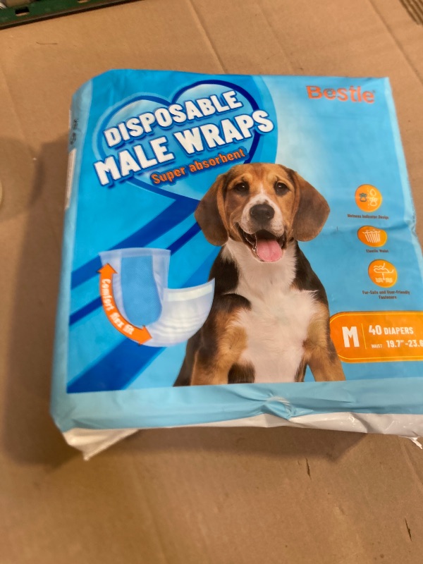 Photo 1 of Bestle Male Dog Wrap, Disposable Dog Diapers, 40 Count, M (Waist 19.7”-23.6”), Wetness Indicator, Ultra Protection, Leak Proof, Super Absorbent, Soft