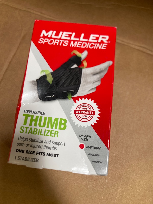 Photo 1 of MUELLER Sports Medicine Adjust-to-Fit Thumb Brace, Spica Splint, Thumb Pain Relief Stabilizer for Men and Women, Ideal for De Quervain's Tenosynovitis, Arthritis, Sprains, Fits Right or Left, Black, One Size