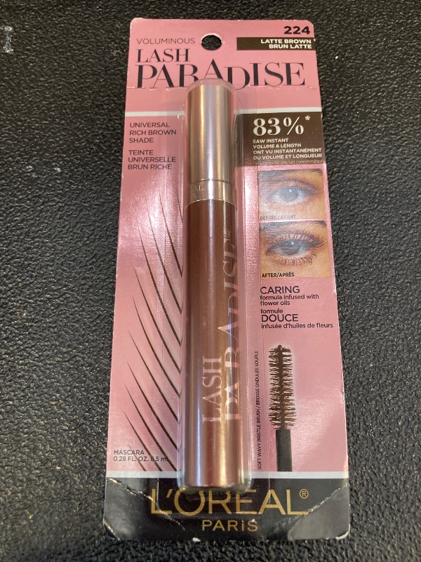 Photo 1 of L'Oreal Paris Makeup Voluminous Lash Paradise Mascara, Voluptuous Volume, Intense Length, Feathery Soft Full Lashes, No Flaking, Smudging or Clumping, Latte Brown, 0.28 Fl Oz