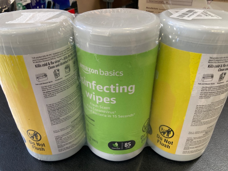 Photo 1 of Amazon Basics Wipes, Lemon & Fresh Scent, Sanitizes, Cleans & Deodorizes, 255 Count (3 Packs of 85)