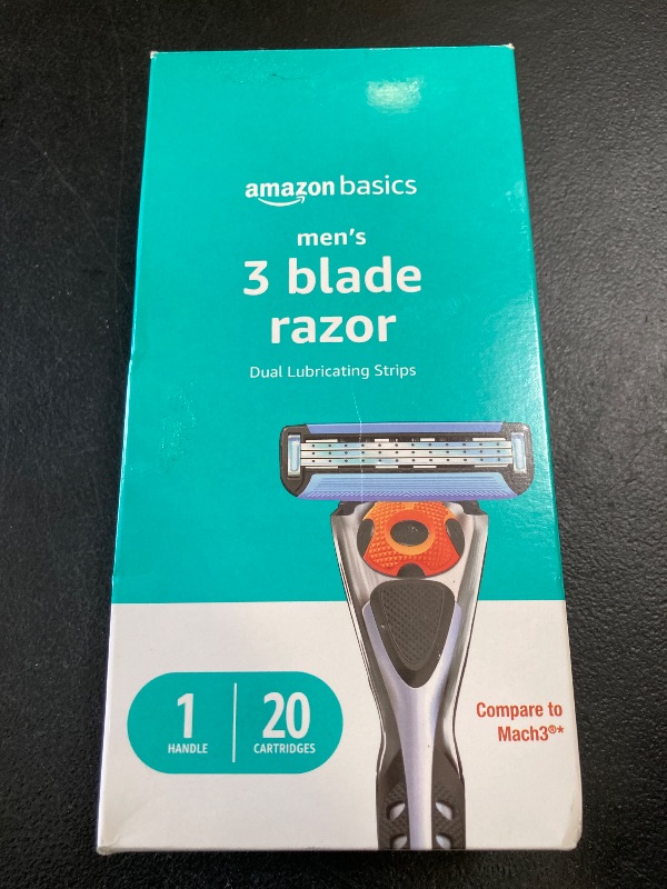 Photo 1 of Amazon Basics 3-Blade Motion Sphere Razor for Men with Dual Lubrication, Handle & 20 Cartridges, Cartridges fit Amazon Basics Razor Handles only, 21 Piece Set, Black (Previously Solimo)