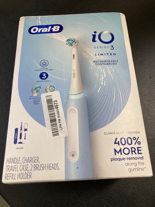 Photo 1 of Oral-B iO Deep Clean Rechargeable Electric Powered Toothbrush, Icy Blue with iO Series 3 Limited, 2 Brush Heads and Travel Case - Pressure Sensor to Protect Gums - 3 Cleaning Settings - 2 Minute Timer