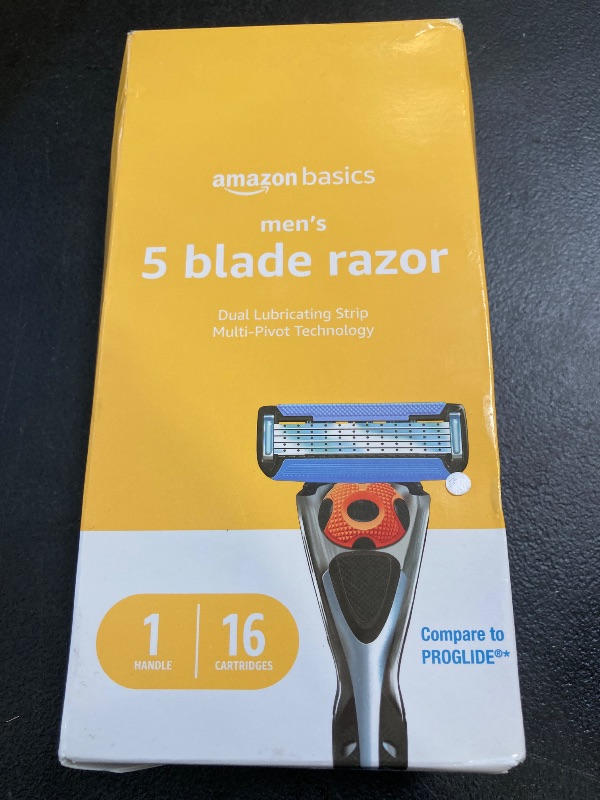 Photo 1 of Amazon Basics 5-Blade Motion Sphere Men's Razor with Dual Lubrication and Precision Trimmer, 17 Piece Set, 1 Handle & 16 Cartridges, Black