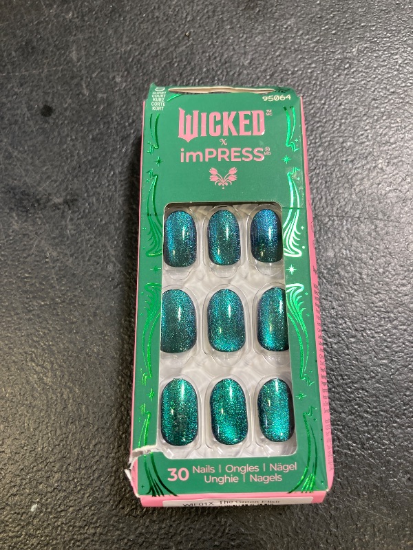 Photo 1 of WICKED X imPRESS Design Press On Nails , The EASIEST NO GLUE Mani, Super Hold Adhesive, ‘The Green Elixir’, Green, Short Oval, Includes 30 Fake Nails, 1 Prep Pad, 1 Manicure Stick, 1 Mini File
