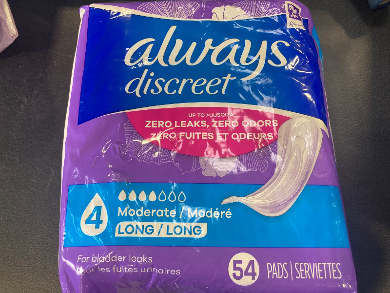 Photo 1 of Always Discreet Adult Incontinence Pads for Women, Moderate Absorbency, Long Length, Postpartum Pads, Up to 100% Bladder Leak Protection, 54 Count (Packaging May Vary)