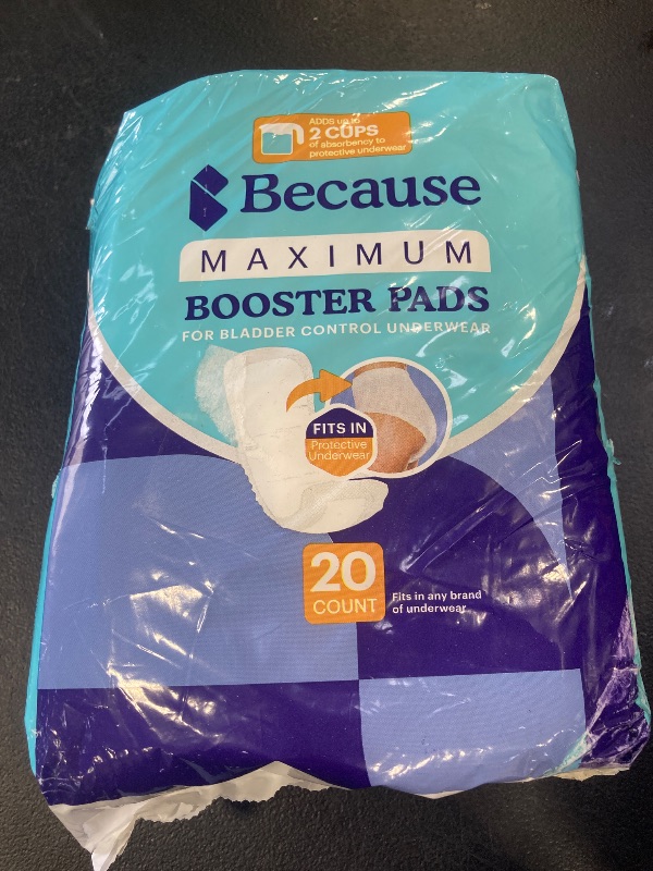 Photo 1 of Because Maximum Incontinence Booster Pads, Adult Diaper Doubler Adds 2 Cups of Extra Absorbency, Discreet, Soft Leak Protection for Men & Women, Fits Inside Disposable Underwear, 20 Count